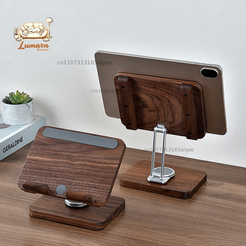 Desk Setup Tablet - Schwarzer Walnuss-iPad-Ständer mit 360°-Drehung ° Drehbarer,